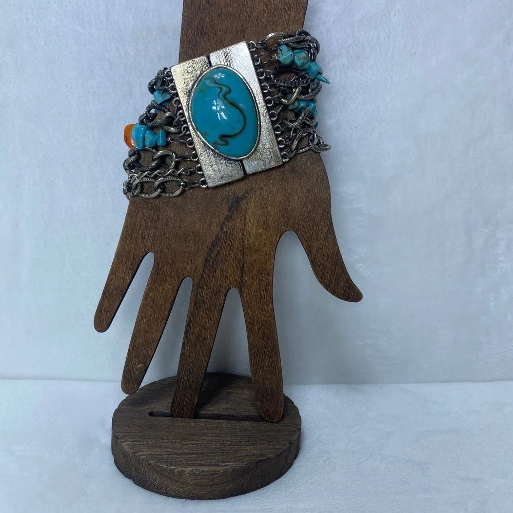 Multicolored Turquoise Stone Bracelet‎ Silver Tone Chain Boho Statement